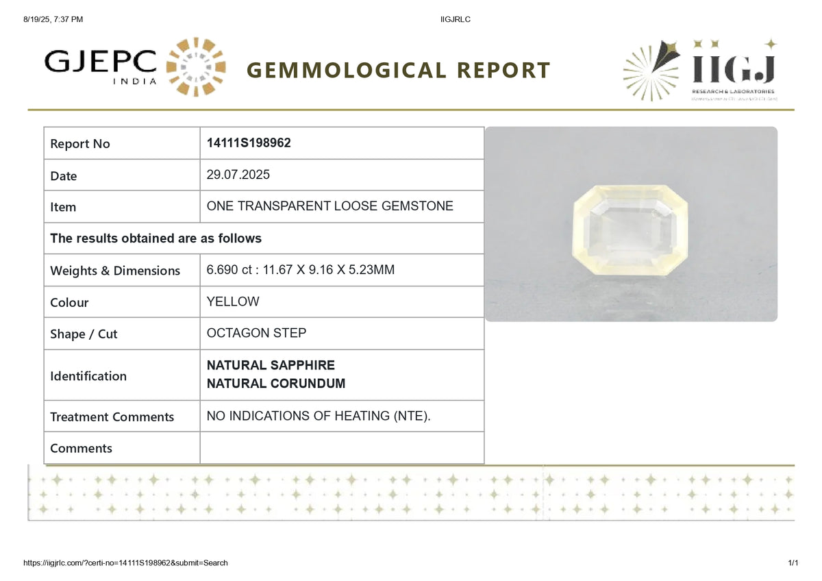 Natural Yellow Sapphire 6.69 Carats / 7.35 Ratti
