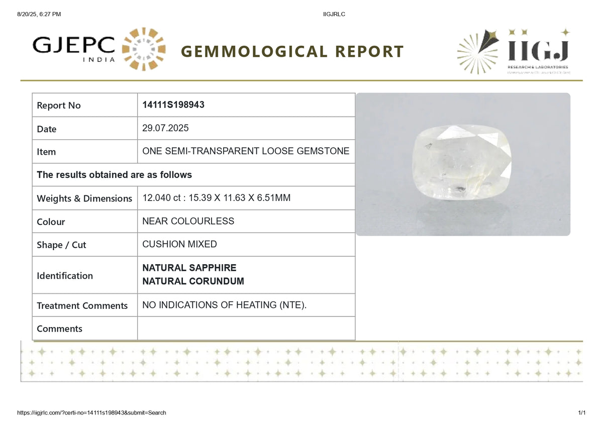Natural White Sapphire 12.04 Carats / 13.23 Ratti