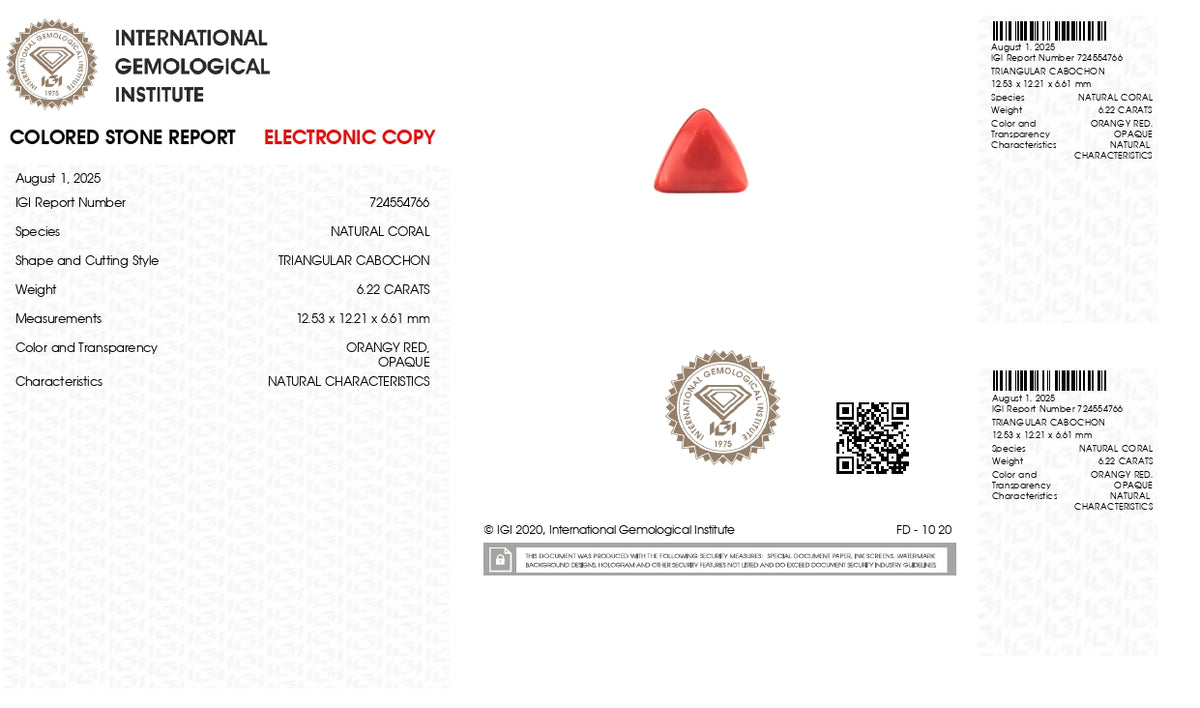 Italian Red Coral 6.22 Carats / 6.84 Ratti