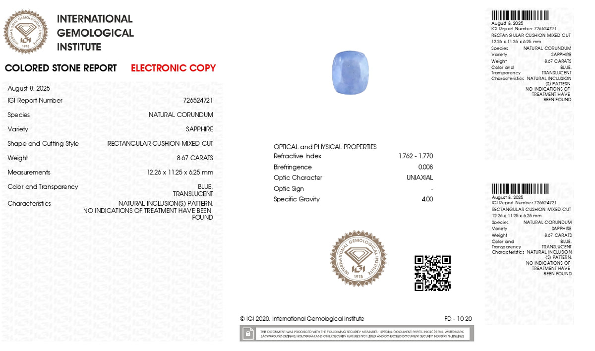 Natural Blue Sapphire 8.67 Carats / 9.53 Ratti