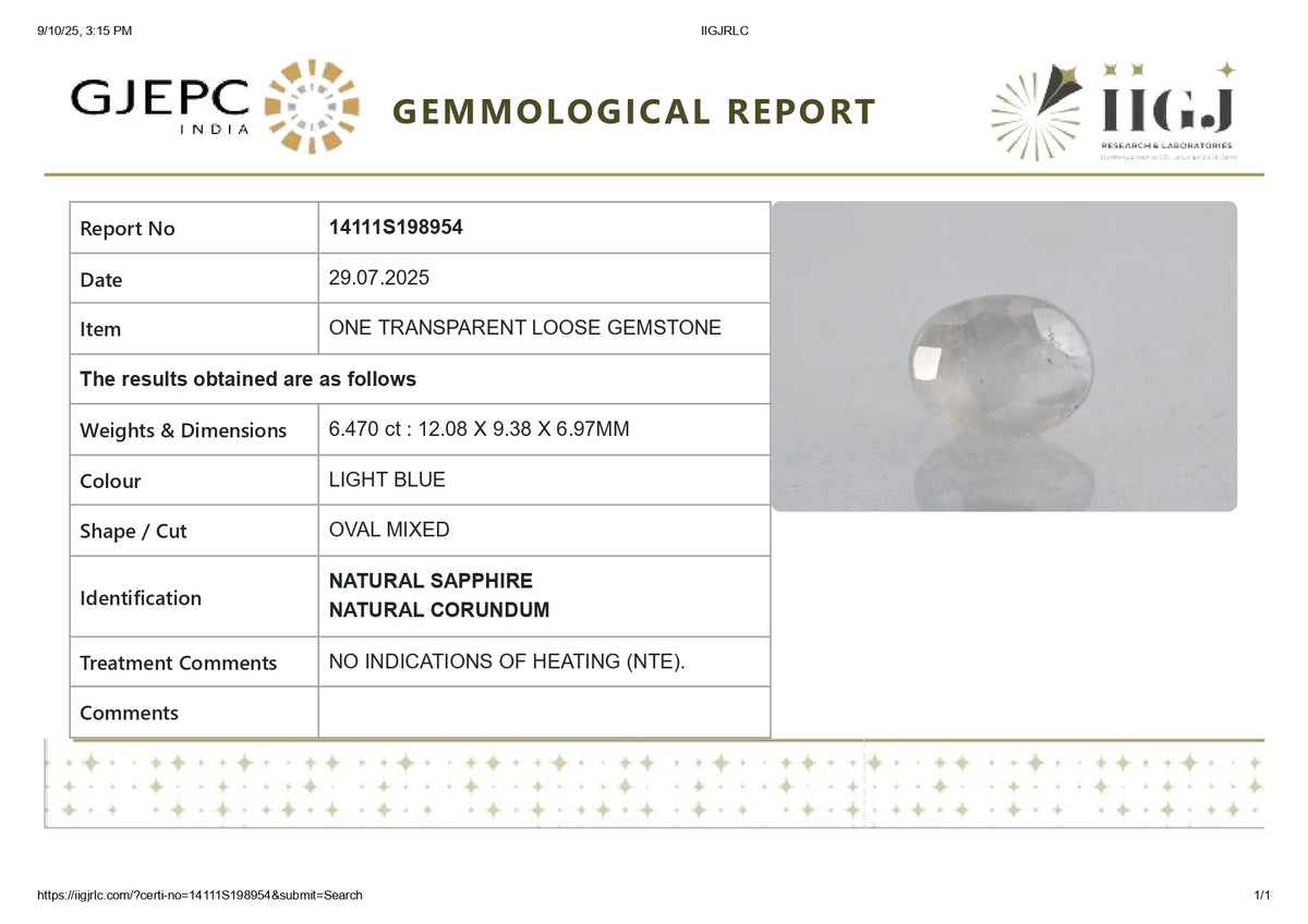 Natural Blue Sapphire 6.47 Carats / 7.11 Ratti