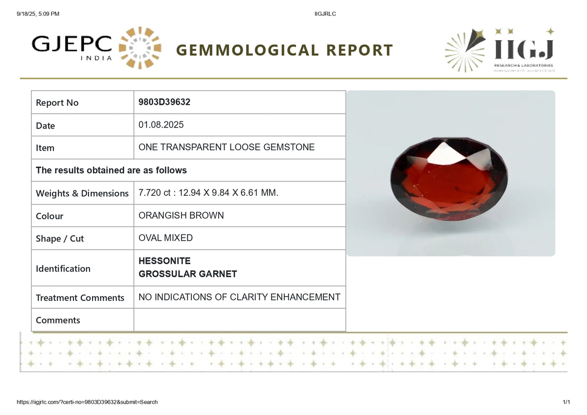 African Hessonite (Gomed) 7.72 Carats / 8.48 Ratti