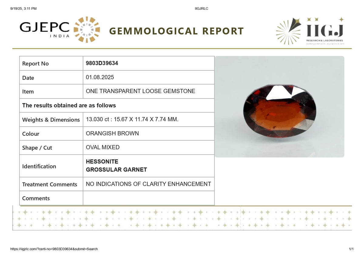 African Hessonite (Gomed) 13.03 Carats / 14.32 Ratti
