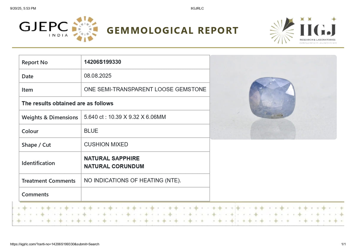 Natural Blue Sapphire 5.64 Carats / 6.2 Ratti