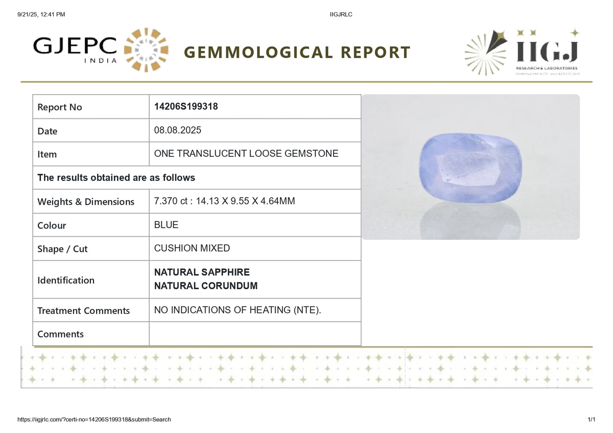 Natural Blue Sapphire 7.37 Carats / 8.1 Ratti