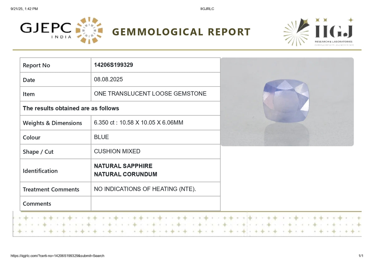 Natural Blue Sapphire 6.35 Carats / 6.98 Ratti