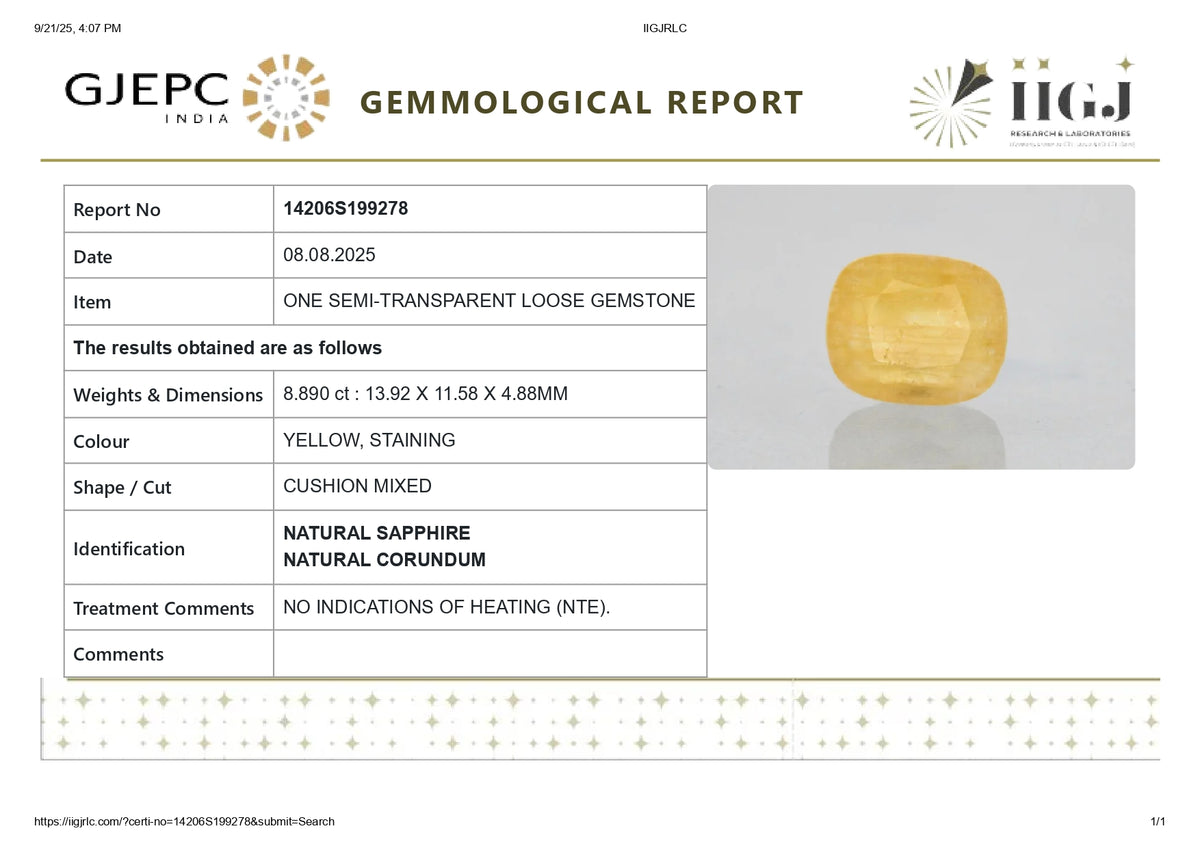 Natural Yellow Sapphire 8.89 Carats / 9.77 Ratti