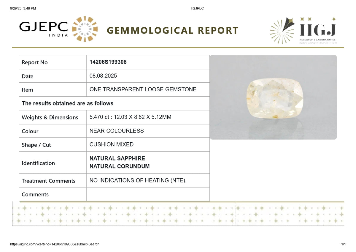 Natural White Sapphire 5.47 Carats / 6.01 Ratti