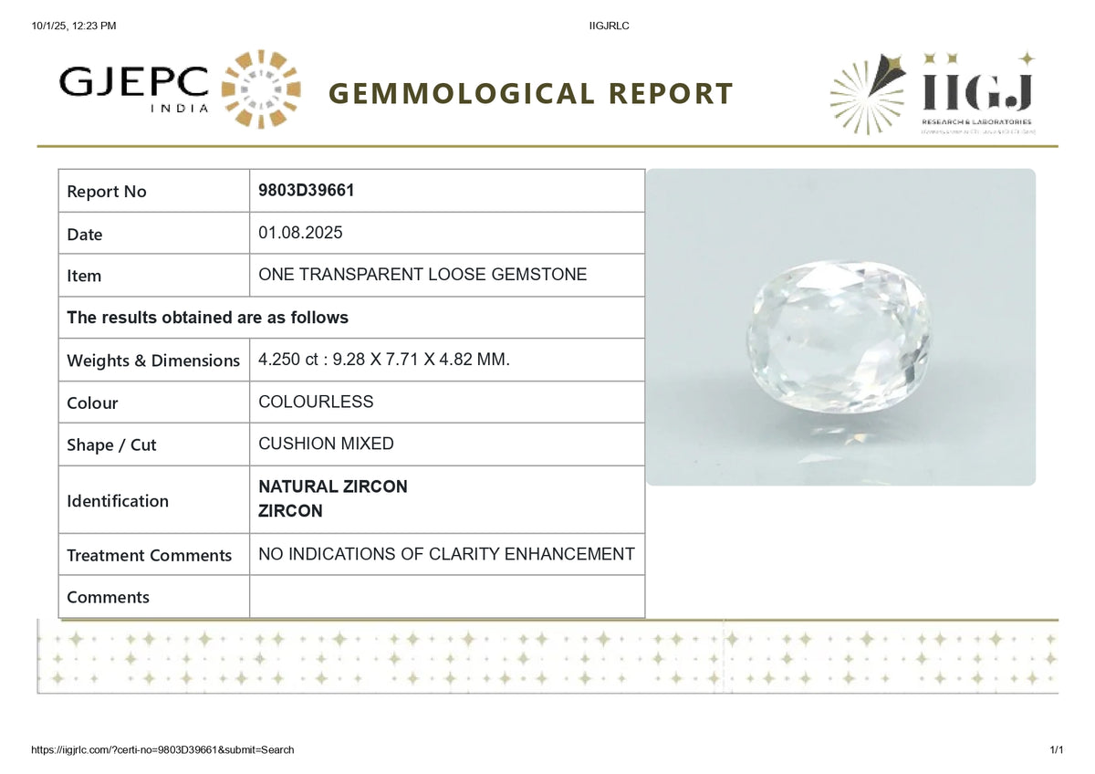 Natural Zircon 4.25 Carats / 4.67 Ratti