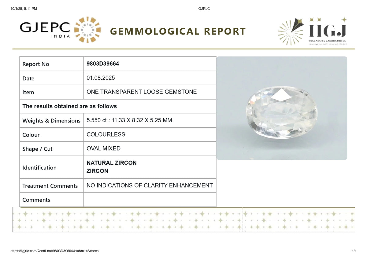 Natural Zircon 5.55 Carats / 6.1 Ratti