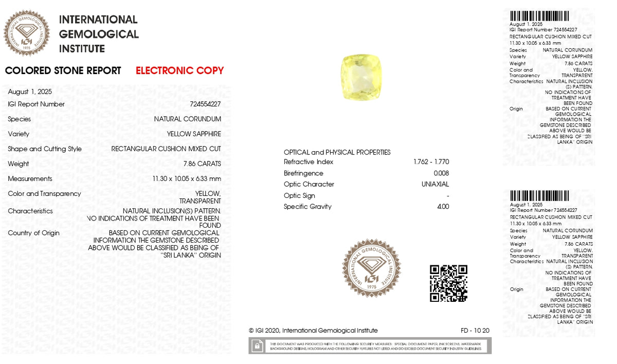 Natural Yellow Sapphire 7.86 Carats / 8.64 Ratti