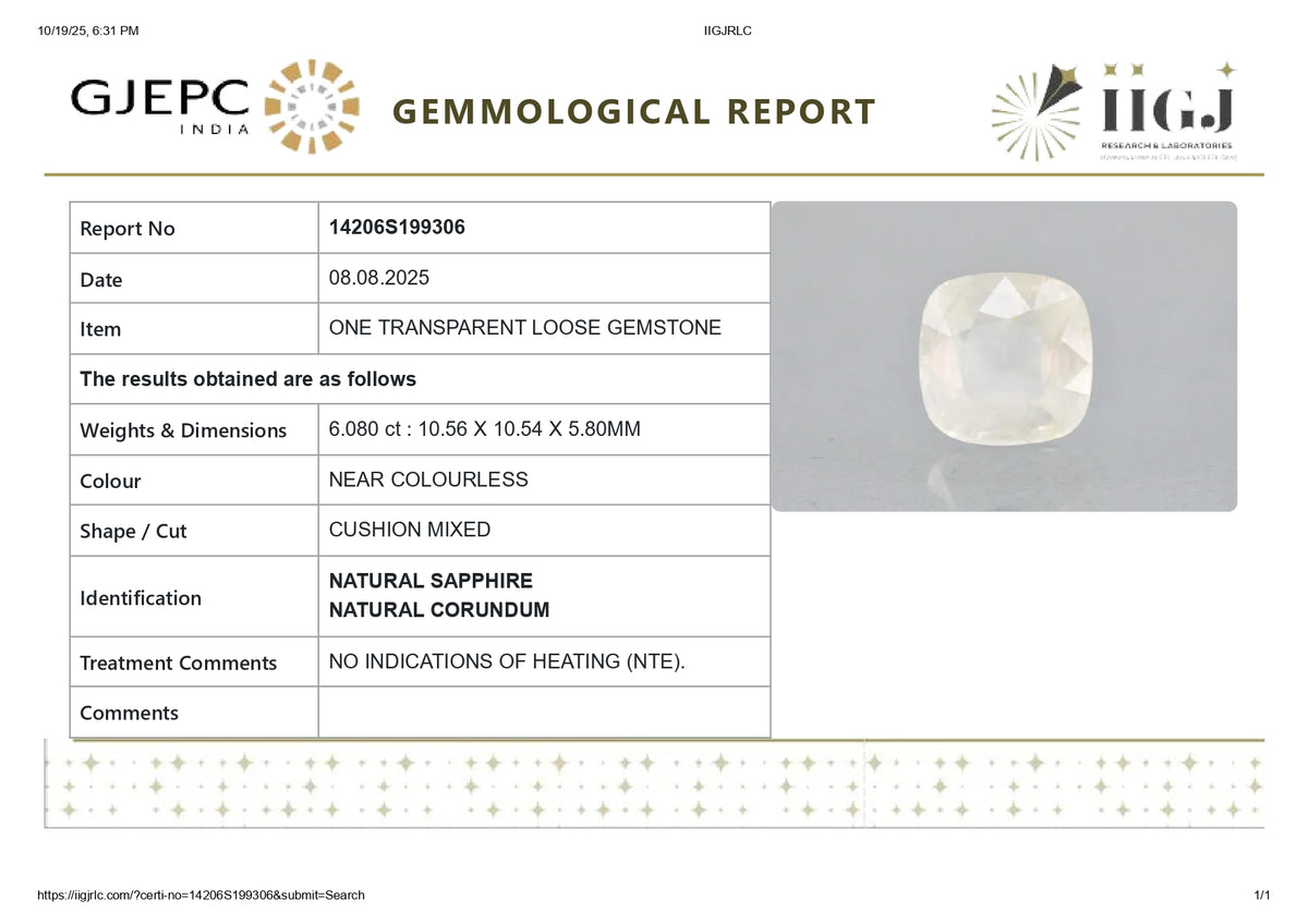 Natural White Sapphire 6.08 Carats / 6.63 Ratti