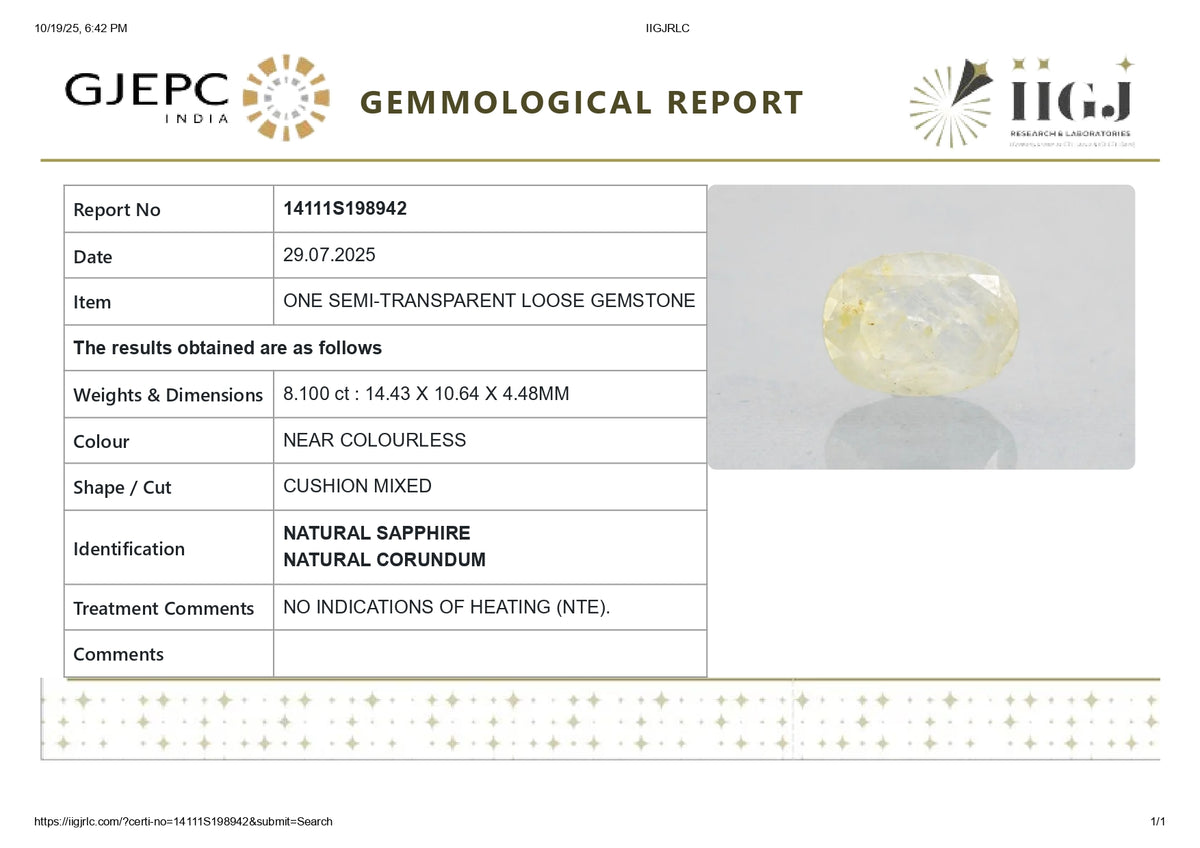 Natural White Sapphire 8.10 Carats / 8.9 Ratti