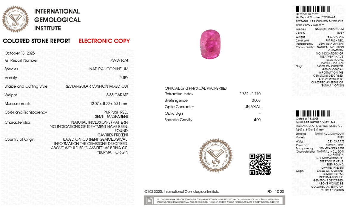 Burmese Ruby (Manik) 5.83 Carats / 6.41 Ratti