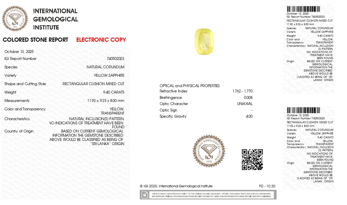Natural Yellow Sapphire 9.40 Carats / 10.33 Ratti