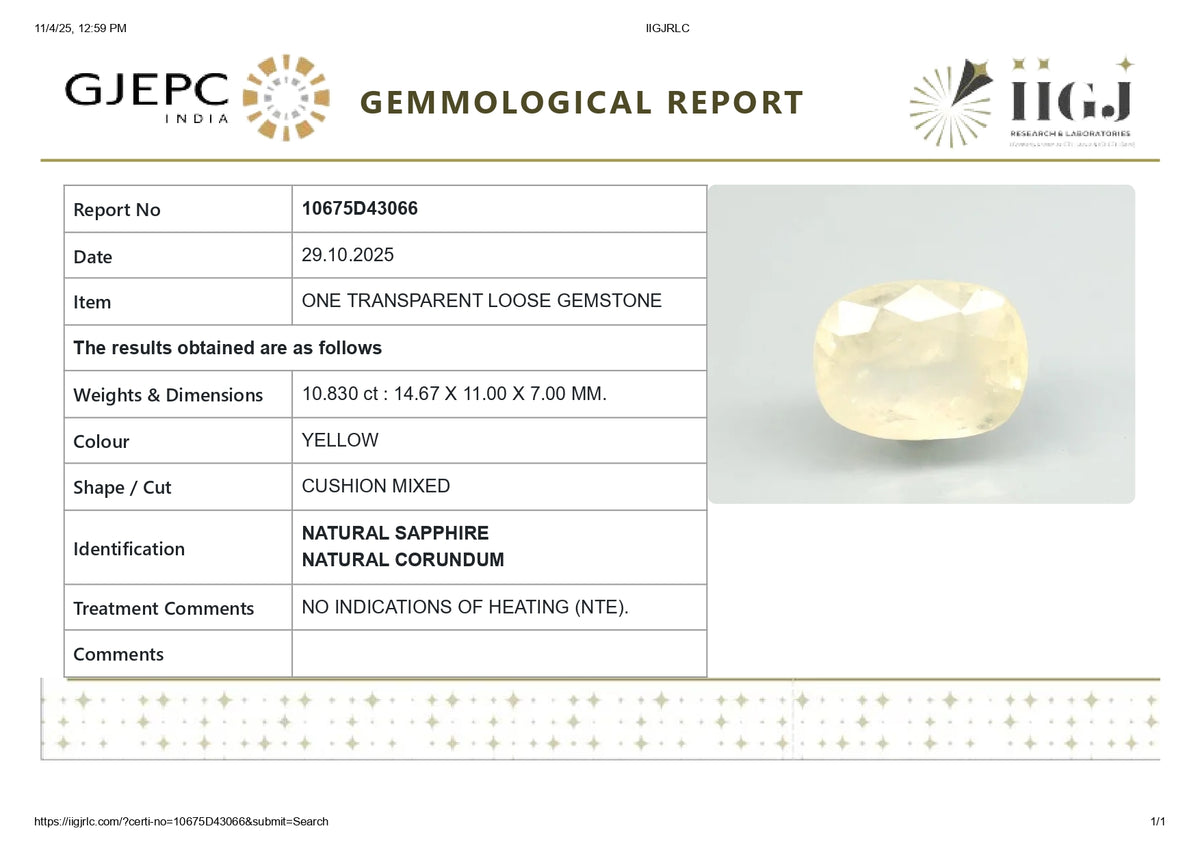 Natural Yellow Sapphire 10.83 Carats / 11.9 Ratti