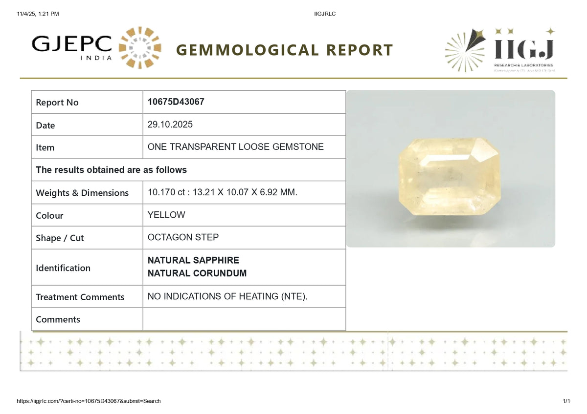 Natural Yellow Sapphire 10.17 Carats / 11.18 Ratti