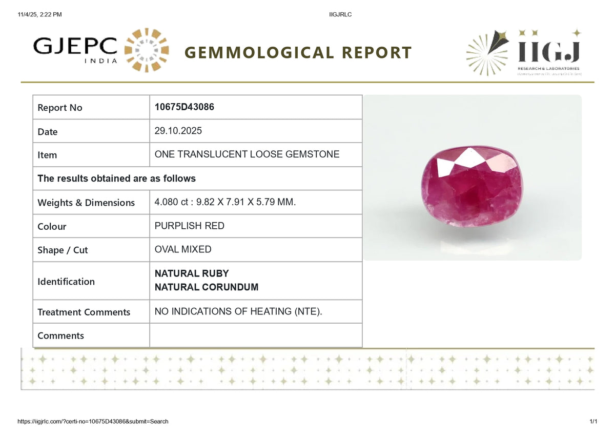 Mozambique Ruby (Manik) 4.08 Carats / 4.48 Ratti