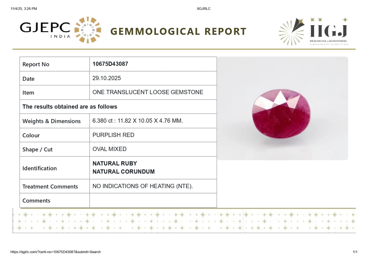African Ruby (Manik) 6.38 Carats / 7.01 Ratti