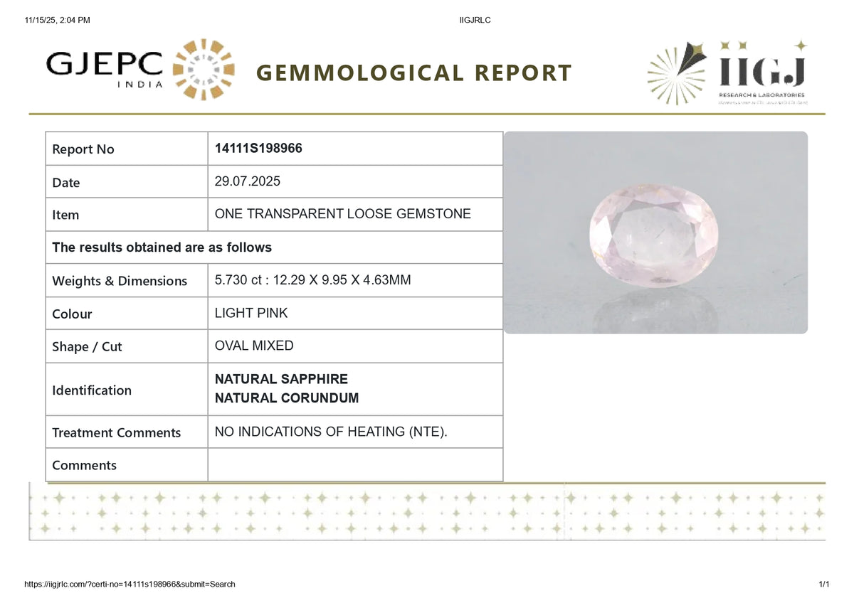 Natural Pink Sapphire 5.73 Carats / 6.3 Ratti