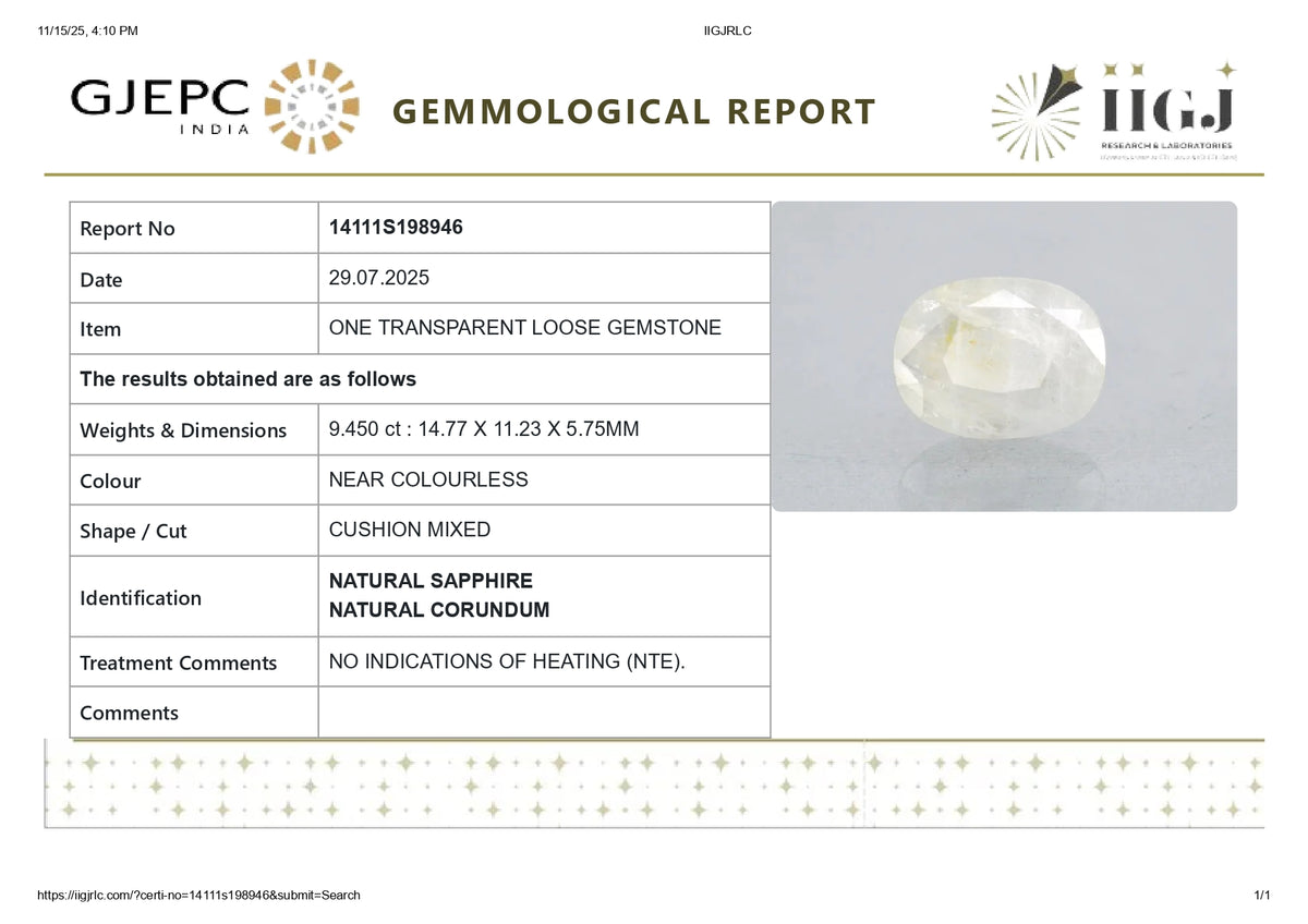 Natural White Sapphire 9.45 Carats / 10.38 Ratti