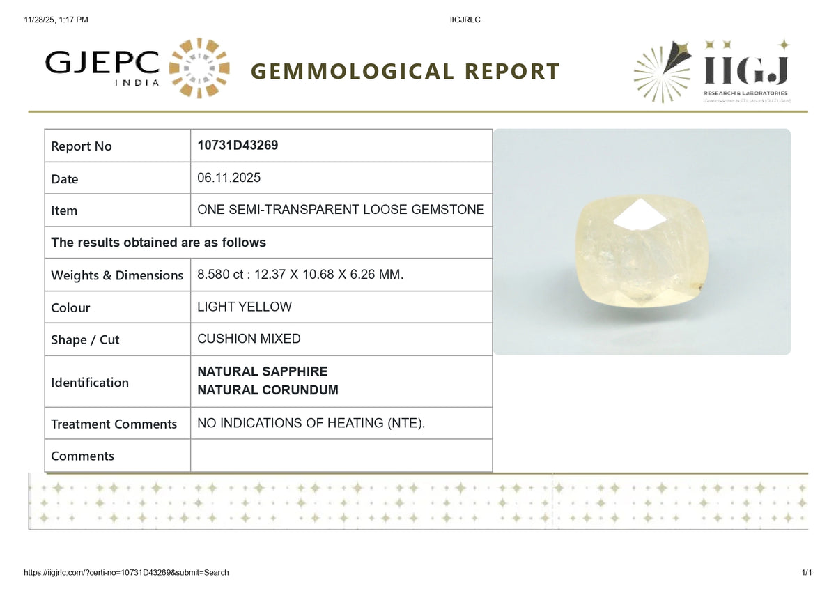 Natural Yellow Sapphire 8.58 Carats / 9.43 Ratti