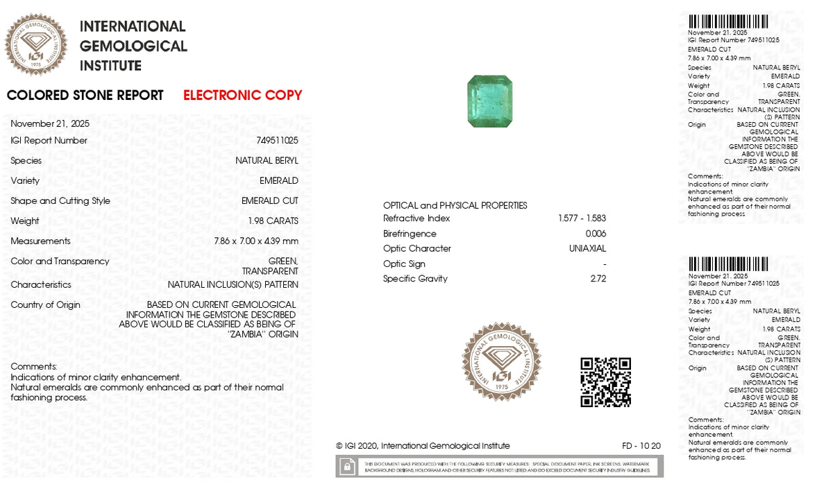 Zambian Emerald (Panna) 1.98 Carats / 2.18 Ratti