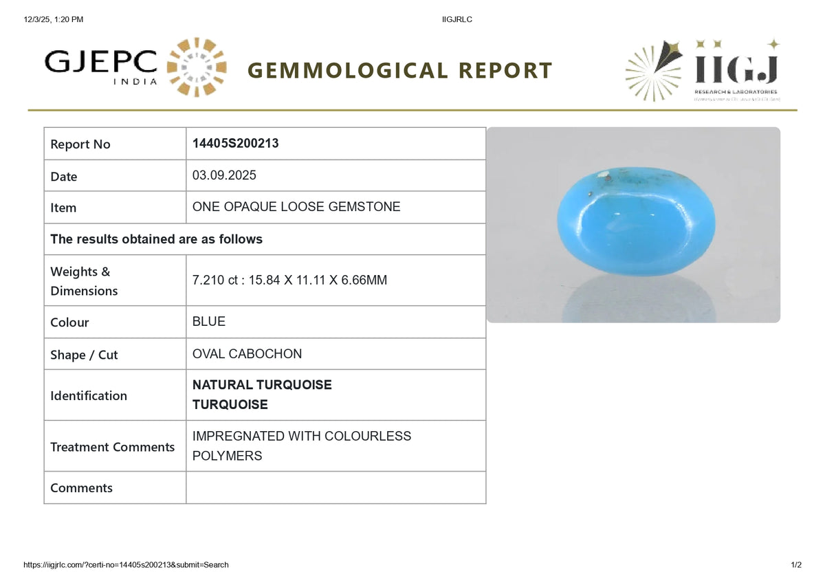 Irani Firoza (Turquoise) 7.21 Carats / 7.92 Ratti