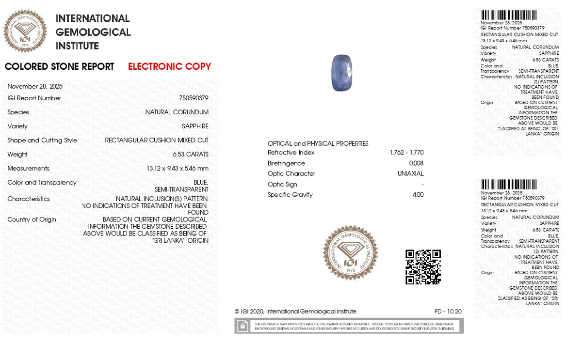 Natural Blue Sapphire 6.53 Carats / 7.18 Ratti