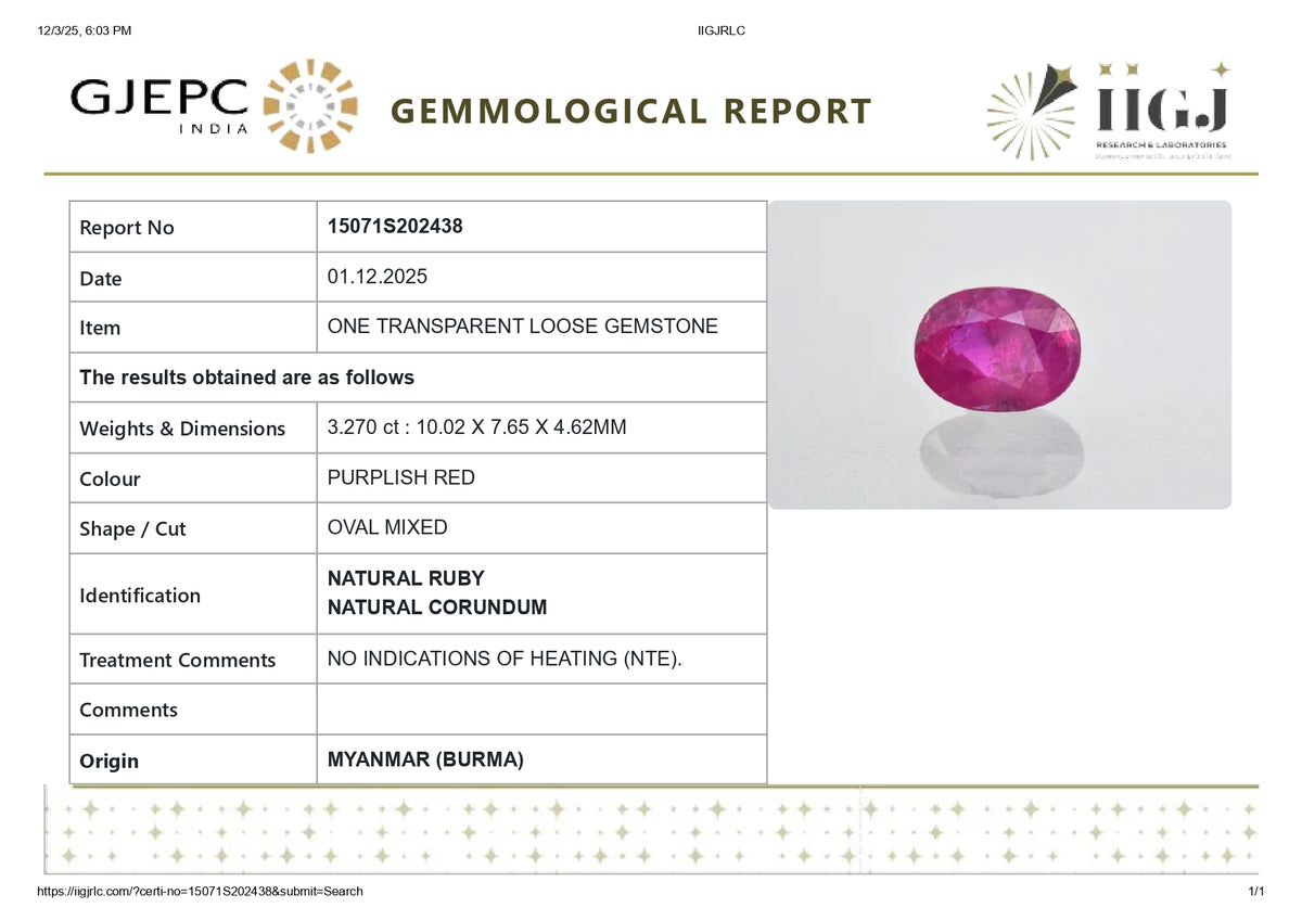 Burmese Ruby (Manik) 3.27 Carats / 3.59 Ratti