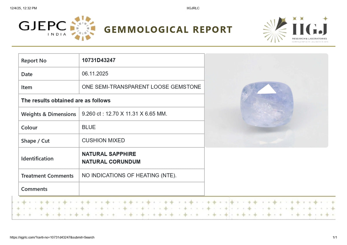 Natural Blue Sapphire 9.26 Carats / 10.18 Ratti