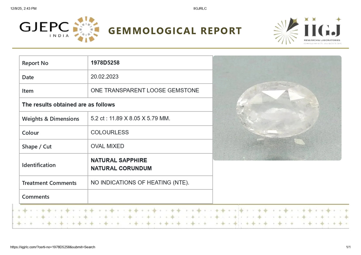 Natural White Sapphire 5.20 Carats / 5.71 Ratti