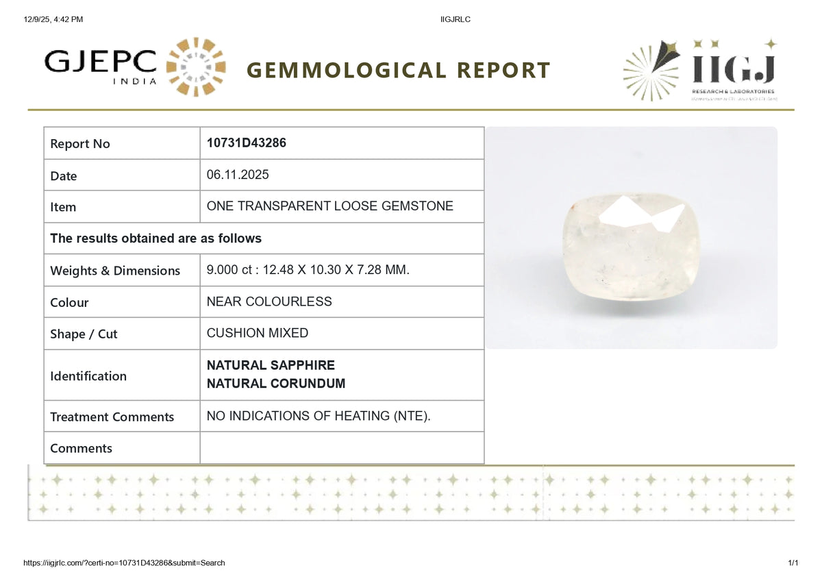 Natural White Sapphire 9.00 Carats / 9.89 Ratti