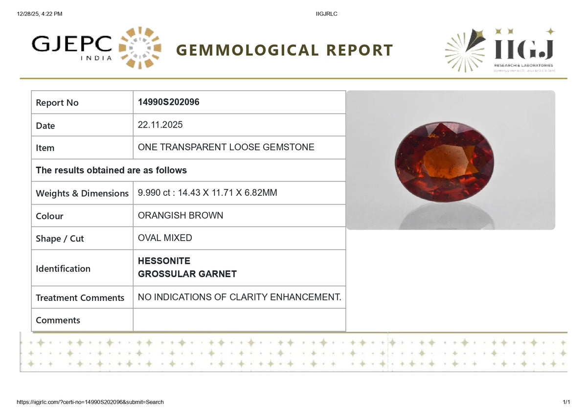 Sri-Lankan Hessonite (Gomed) 9.99 Carats / 10.98 Ratti