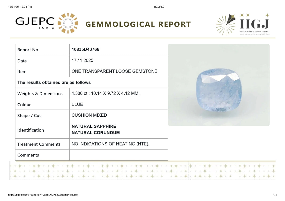 Natural Blue Sapphire 4.38 Carats / 4.81 Ratti