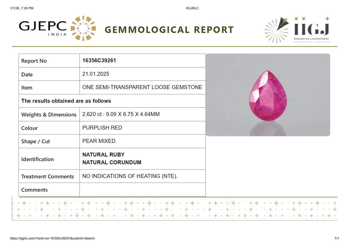 Burmese Ruby (Manik) 2.62 Carats / 2.88 Ratti