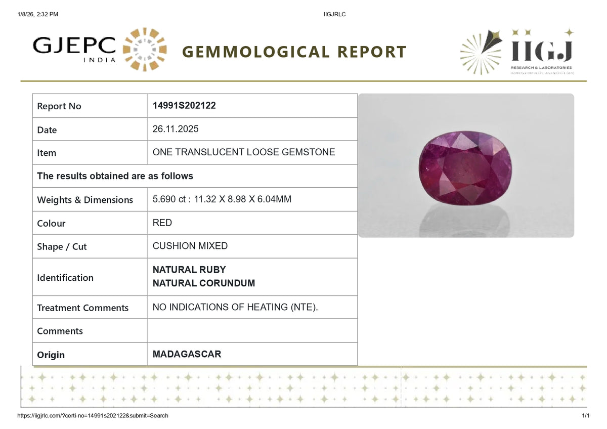 Madagascar Ruby (Manik) 5.69 Carats / 6.25 Ratti