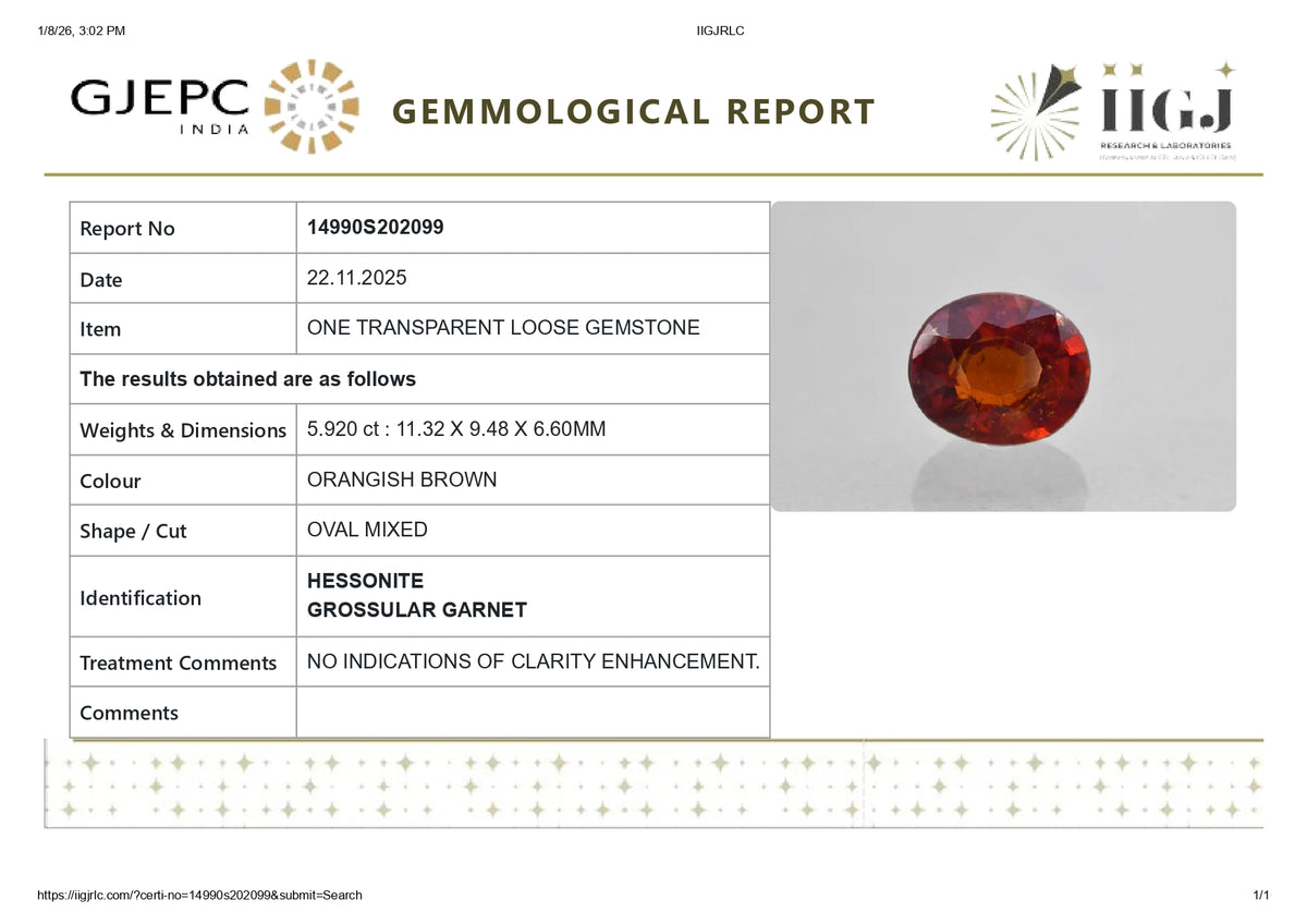 Sri-Lankan Hessonite (Gomed) 5.92 Carats / 6.51 Ratti