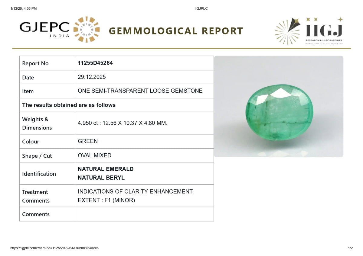Zambian Emerald (Panna) 4.95 Carats / 5.44 Ratti