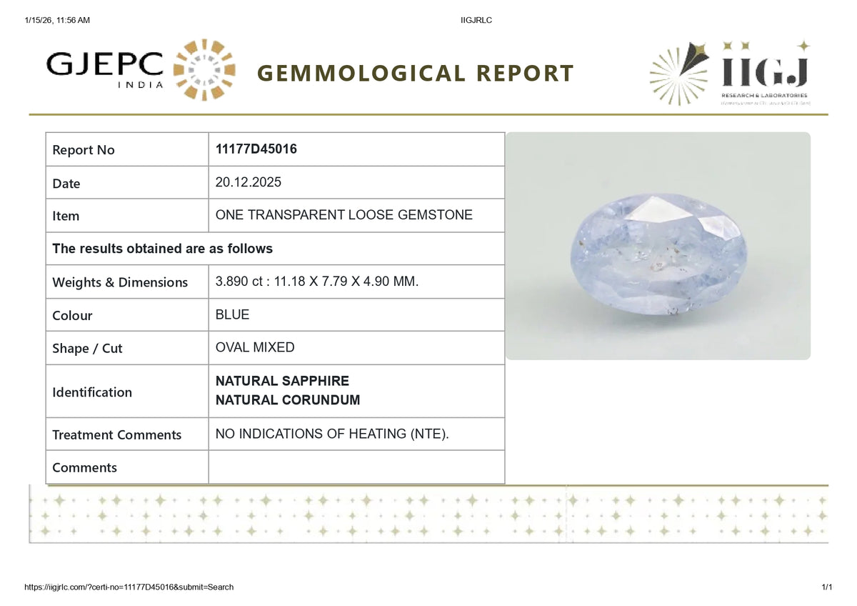 Natural Blue Sapphire 3.89 Carats / 4.27 Ratti