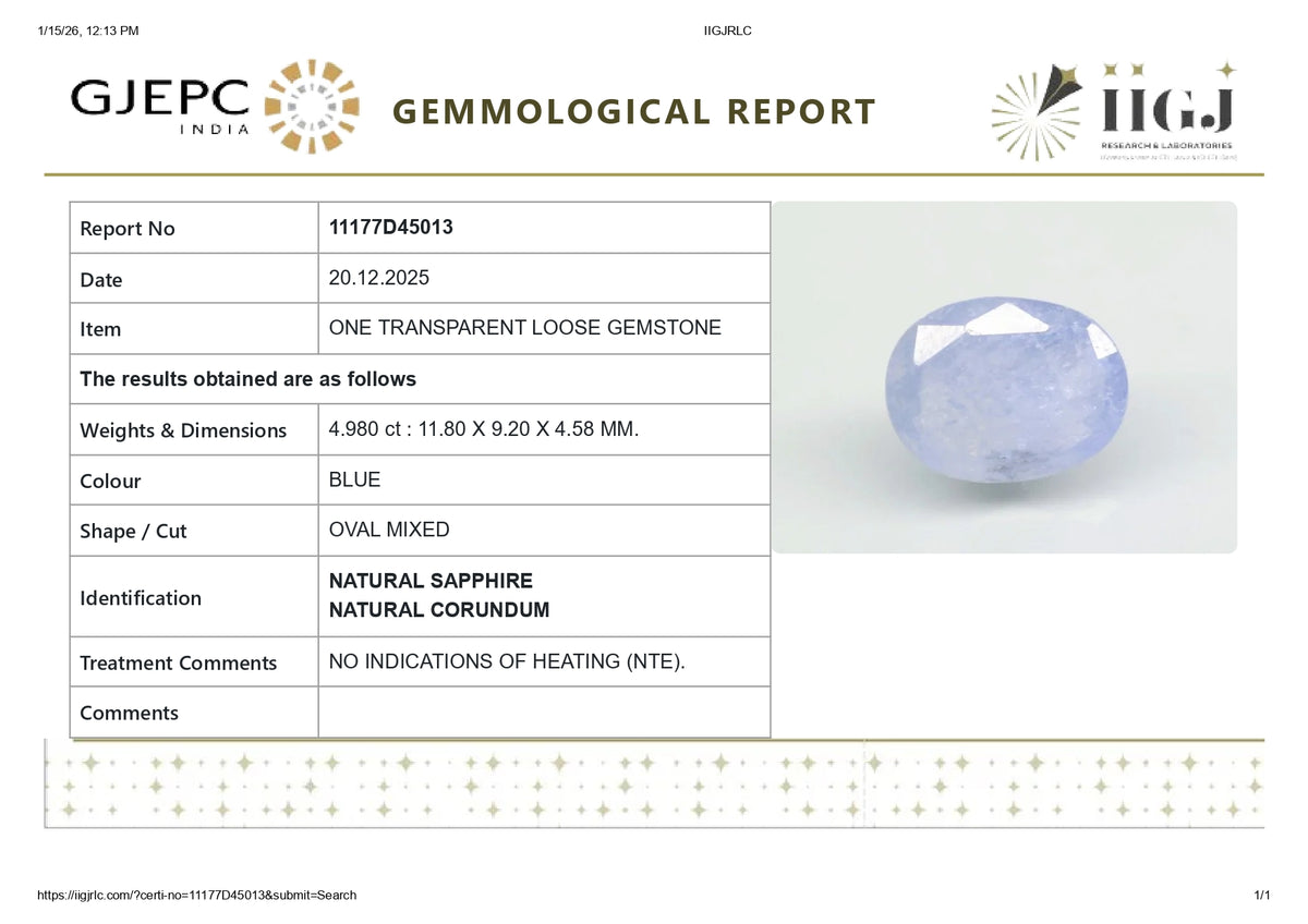 Natural Blue Sapphire 4.98 Carats / 5.47 Ratti