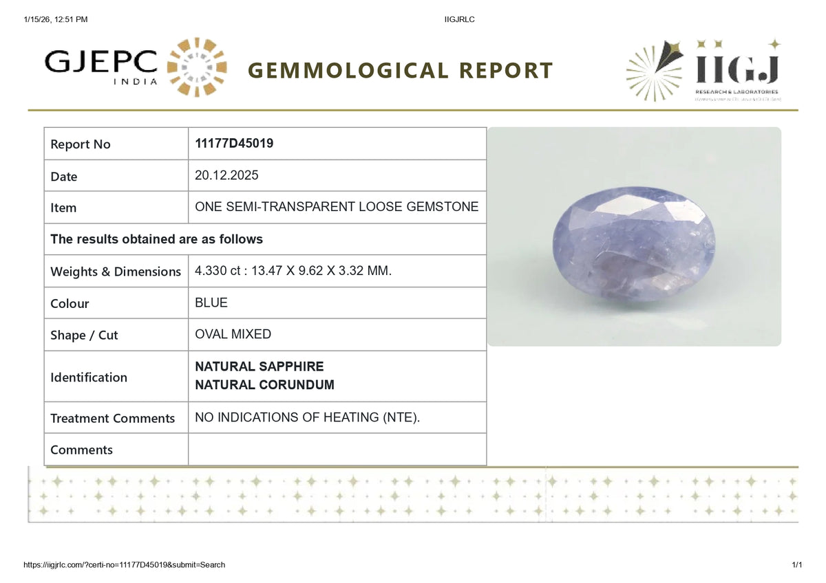 Natural Blue Sapphire 4.33 Carats / 4.76 Ratti