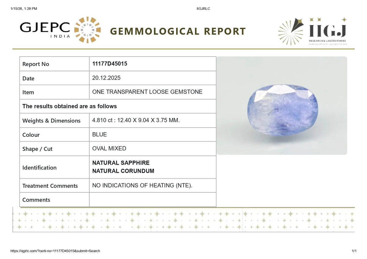 Natural Blue Sapphire 4.81 Carats / 5.29 Ratti