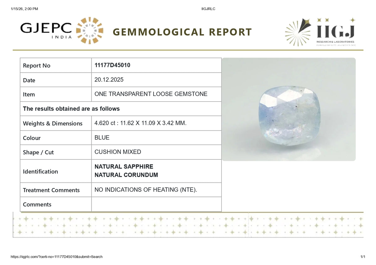 Natural Blue Sapphire 4.62 Carats / 5.08 Ratti