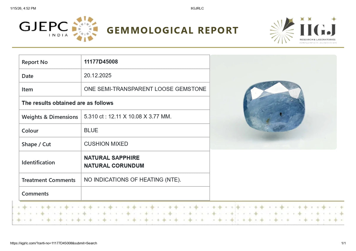 Natural Blue Sapphire 5.31 Carats / 5.84 Ratti