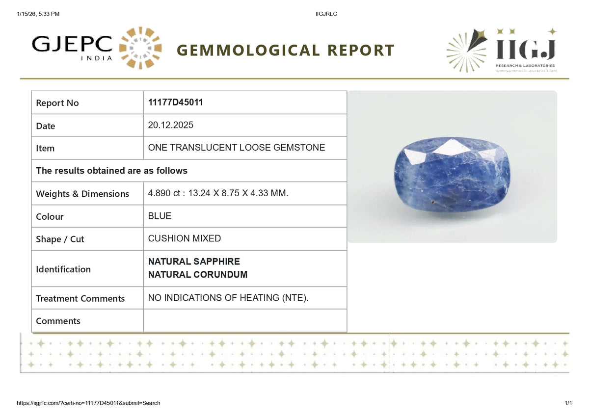 Natural Blue Sapphire 4.89 Carats / 5.37 Ratti