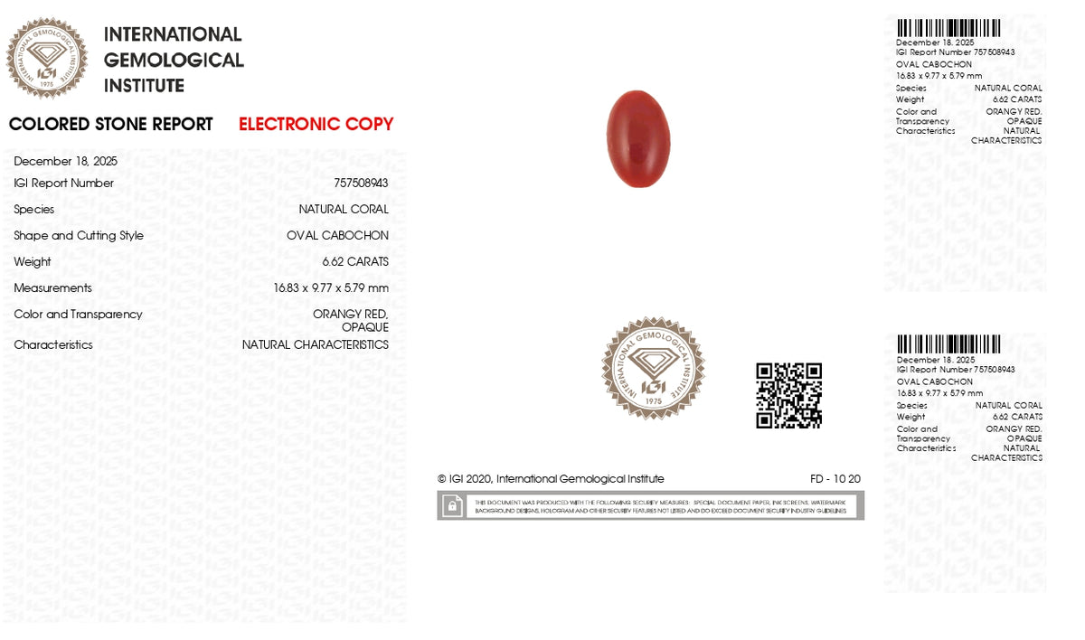 Japanese Red Coral 6.62 Carats / 7.27 Ratti