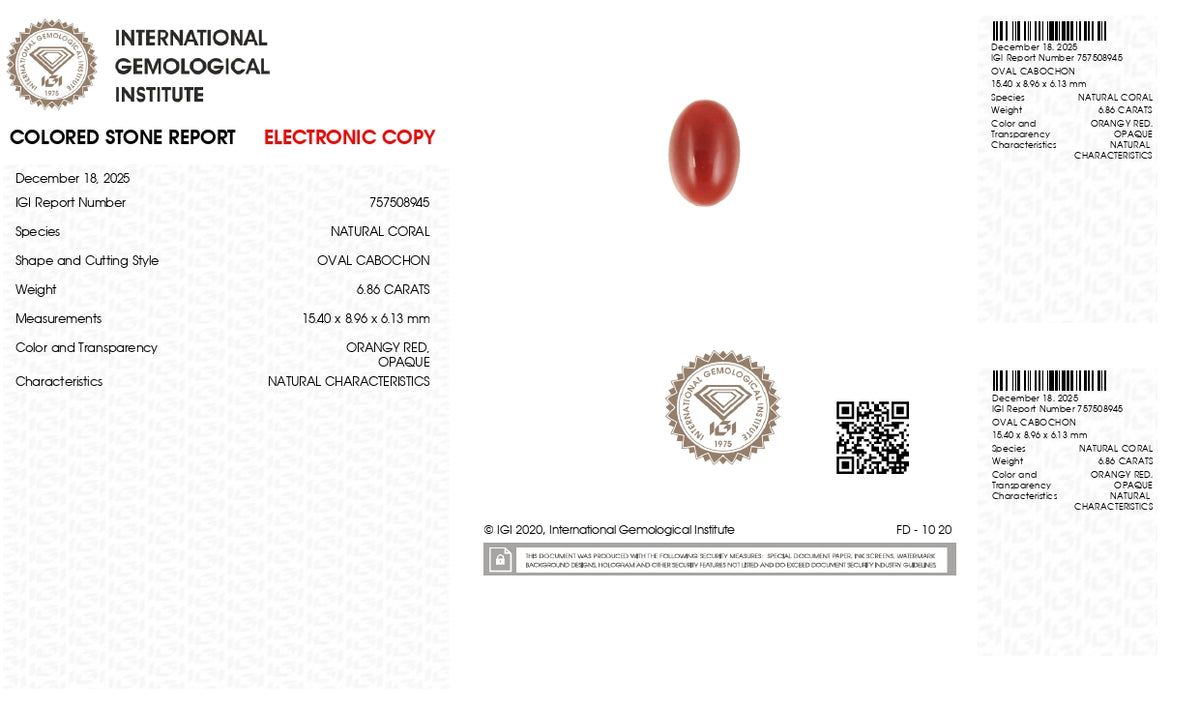 Japanese Red Coral 6.86 Carats / 7.54 Ratti