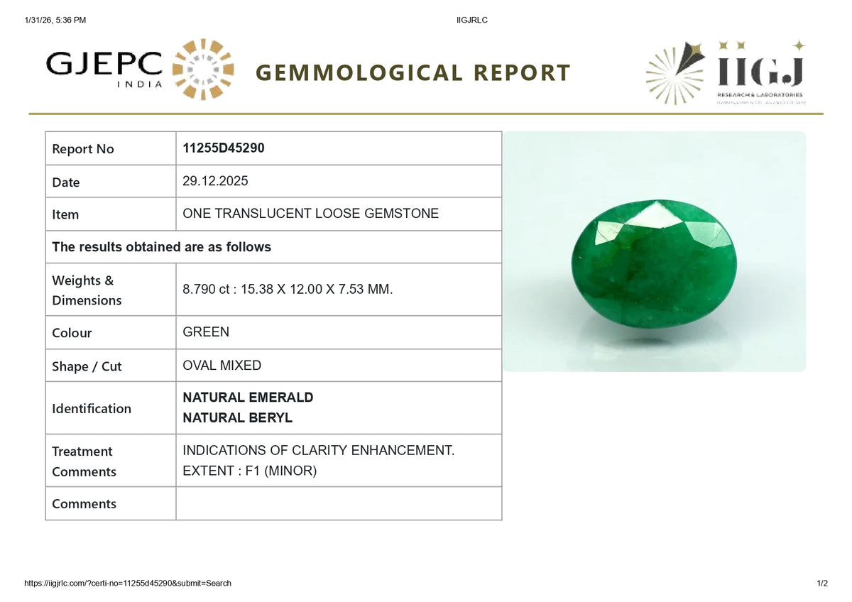 Zambian Emerald (Panna) 8.79 Carats / 9.66 Ratti