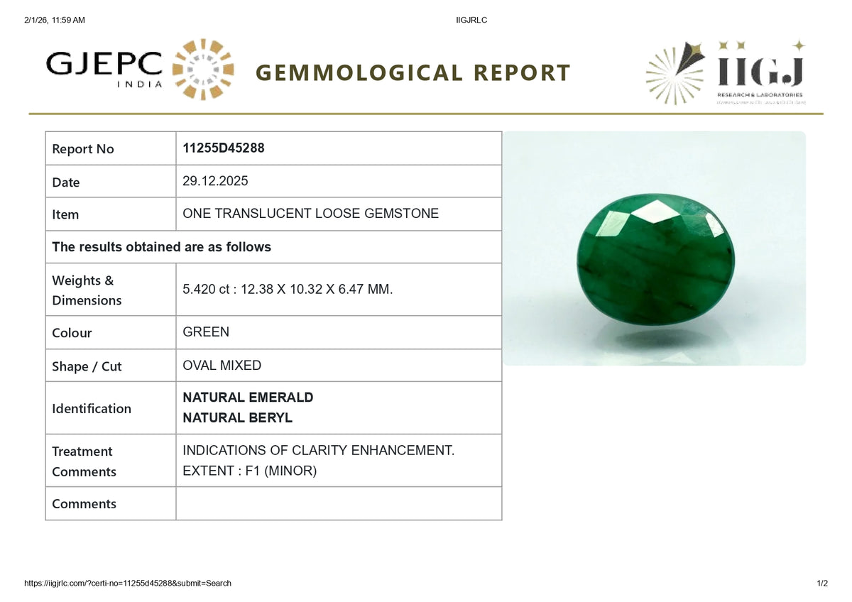 Zambian Emerald (Panna) 5.42 Carats / 5.96 Ratti